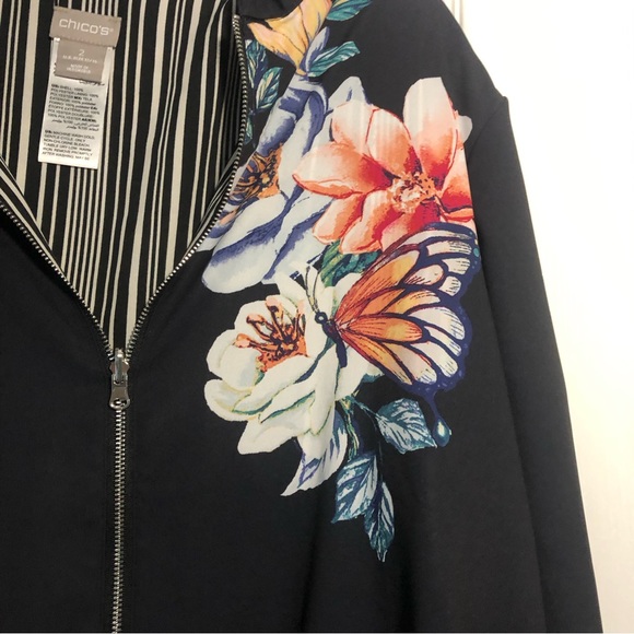 Chico's Reversible Floral Butterfly Cinch Waist Zip Front Bomber Jacket Navy 2 - Picture 6 of 9